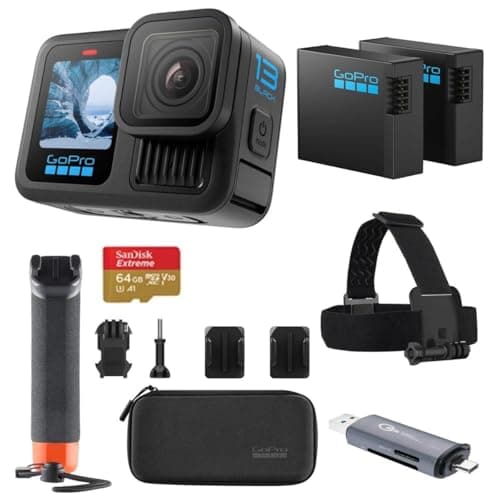 GoPro HERO13 Black Accessory Bundle - Includes The Handler, 2 Enduro Batteries, 2 Curved Adhesive Mounts, 64GB SanDisk MicroSD Card, and Carrying Case, Head Strap & Card Reader
