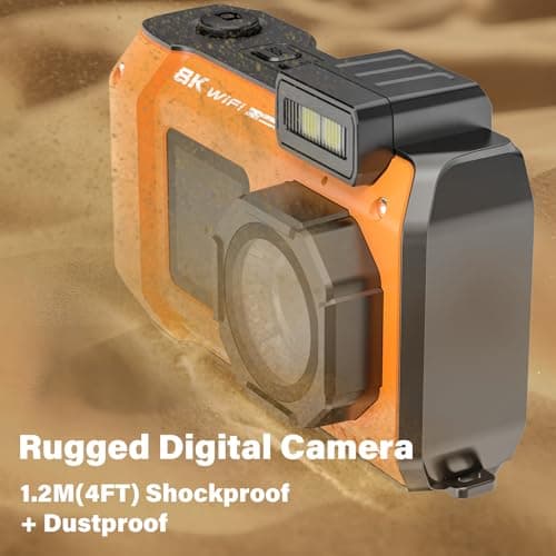 8K Digital Camera WiFi 33FT Underwater Camera for Snorkeling 70MP Waterproof Camera with 64GB Card Rugged Dustproof Shockproof Dual-Screen Selfie Autofocus Point and Shoot Digital Camera(Orange) 3