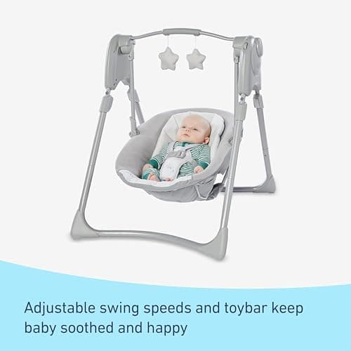 Graco Slim Spaces Compact Baby Swing, Space Saving Portable Bay Swing with Height Adjustable Legs & Soft Toys, Reign 2