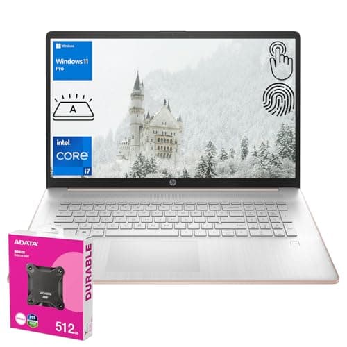 HP Business 17.3" Laptop, 17.3" HD+ Touchscreen, Intel Core i7-1355U, 16GB RAM, 1TB SSD, Webcam, HDMI, Backlit KB, FP Reader, Wi-Fi 6, Win 11 P, Pale Rose Gold, ADATA 512 External SSD Bundle