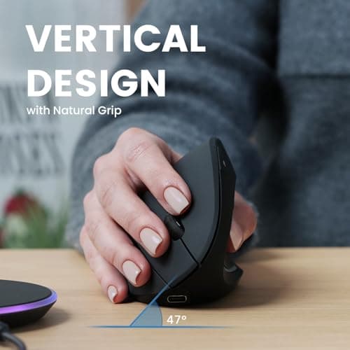 Perixx PERIMICE-713RX Wireless Rechargeable Vertical Mouse - Duo Wired and Wireless Charging Feature - Charging Pad Included - 6 Buttons Design - Black - Right-Handed Design 2