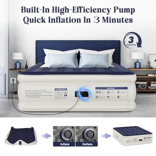 KNZZO Air Mattress Queen with Built-in Pump, Blow Up Mattress with Soft Flocked Top, Leakproof Inflatable Mattress, Foldable Waterproof Air Bed for Home, Guests, Camping, with Storage Bag 4