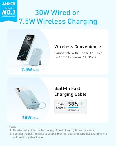 Anker Zolo Magnetic Power Bank, 10,000mAh Wireless Portable Charger with 30W Max Fast Charging, Battery Pack with Built-in USB-C Cable and Adjustable Stand, for iPhone 16/15 Series, AirPods, and More 2