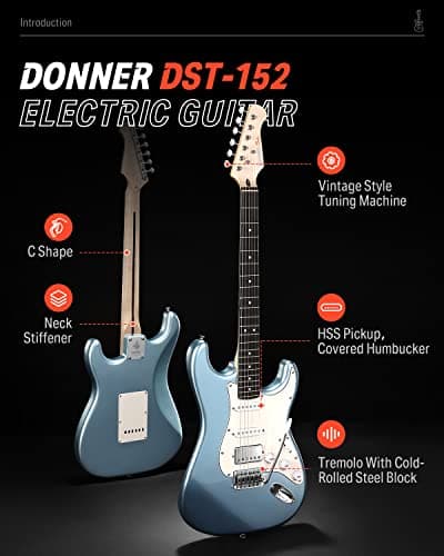 Donner DST-152R Electric Guitar, 39" Beginner Electric Guitar Kit, HSS Pickup with Coil Split, Guitar Starter Set with Amp, Bag, All Accessories, Metallic Ice Blue 2