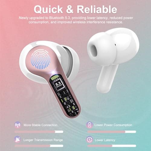 Wireless Earbuds, Bluetooth 5.4 Headphones HiFi Stereo, Bluetooth Earbuds with ENC Noise Cancelling Mic, IP7 Waterproof in Ear Earphones, 48H, LED Display Ear buds for Pad Phones Workout, Rose Gold 2