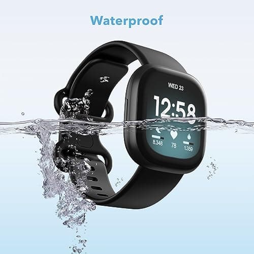 2 Pack Waterproof Bands Compatible with Fitbit Versa 3 / Fitbit Versa 4 / Fitbit Sense/Sense 2 Bands, Classic Soft Sports Replacement Wristbands for Women Men (Large 7.1''-8.7'', black/black) 2