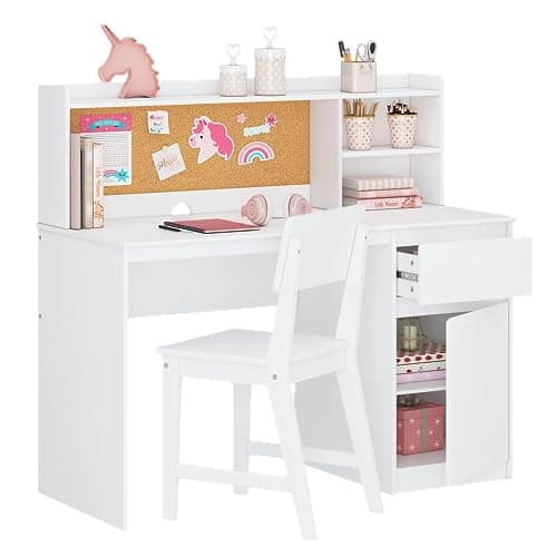 UTEX Kids Study Desk with Chair, Kids Desk and Chair Sets with Hutch and Storage Cabinet, Wooden Children Study Table, Student Writing Table Computer Workstation for 5-12 Years Old