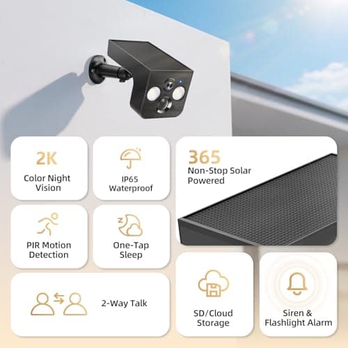PM POPMAKE Solar Security Cameras Wireless Outdoor 2K Battery Powered AI Motion Detection 2-Way Talk Color Night Vision WiFi Waterproof SD/Cloud Storage Non-Stop Solar Panel Camera Outdoor Wireless 2