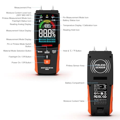 LASELION 2-in-1 Pin & Pinless Moisture Meter MS03 – Accurate Moisture Detection for Wood, Concrete, Drywall, and More – LCD Display with Hold Function, Flashlight, and Auto Power Off 3