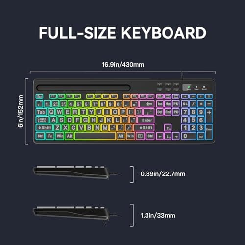 MARVO Large Print Backlit Keyboard, WK712 Wired Computer Keyboards with 7 Colors & 11 Modes Backlight, Tablet Phone Holder and Quiet Light Up Keys, Full-Size Gaming Keyboard for Windows, Mac 4