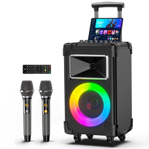 JYX Karaoke Machine with 2 Wireless Mics, 10" Woofer 500W Peak Power Big Portable Bluetooth Speaker with Bass/Treble Adjustment, PA System with Remote Control, LED Lights, Rolling Wheels and Trolley
