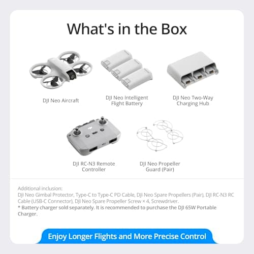 DJI Neo Fly More Combo, Mini Drone with 4K UHD Camera for Adults, 135g Self Flying Drone that Follows You, Palm Takeoff, Subject Tracking, QuickShots, Stabilized Video, with RC-N3 and 3 Batteries 3