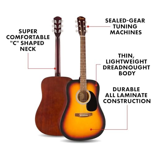 Fender FA-25 Dreadnought Acoustic Guitar, Beginner Guitar, with 2-Year Warranty, Includes Free Lessons, Sunburst 2