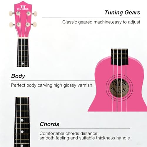 MUSTAR Soprano Ukulele Beginners Kit - 21 Inch Basswood Ukuleles for Kids, Beginner, Ukulele Pack With Gig Bag, Strap, Picks, Pink Ukuleles Set 2