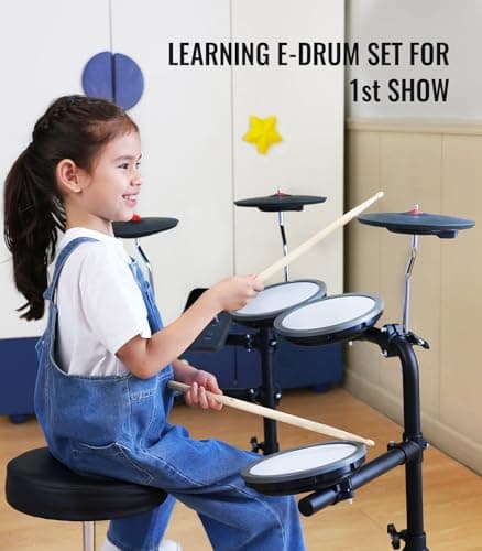 HAMPBACK MK-0 Electric Drum Set with 7'' Quiet Mesh Drum Pads, 8'' Full Rubber Cymbals, 12 Kits and 68 Authentic Sounds, USB MIDI, Throne, Sticks, Headphone, 2 Switch Pedals for Beginners & Kids 5