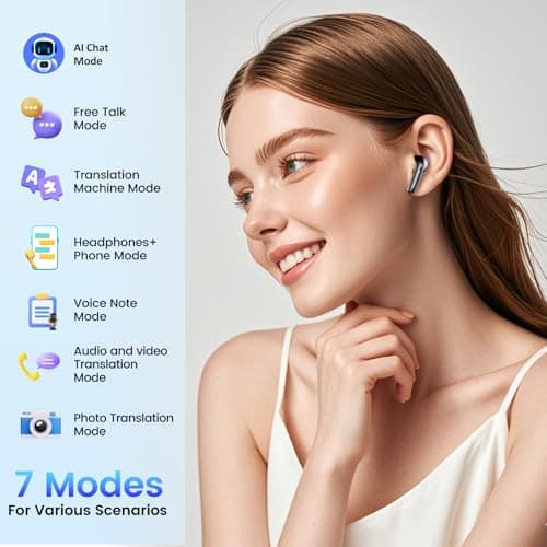 AI Translation Earbuds Real Time with Audio and Video Calls, 164 Language/7 Translation Modes Translator Earbuds Bluetooth 5.4 with APP, 48H AI Ear Buds Translator Device for Business/Learning/Travel 3