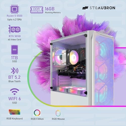 STGAubron Gaming PC Desktop Computer, AMD Ryzen 5 5500 up to 4.2G, GeForce RTX 3050 6G, 16G DDR4, 1T SSD, WiFi 6, BT 5.2, RGB Fan x6, Windows 11 Home 3