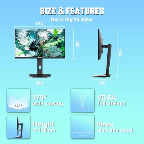 SANSUI Gaming Monitor 27" 1440P 200Hz 180Hz WQHD 2560×1440-AMD FreeSync 1ms DCI-P3 95% Fast IPS Computer Monitor,Height Adjustable Vertical/Horizontal Rotating, 2×DisplayPort/HDMI 丨HDR丨Low Motion Blur 5
