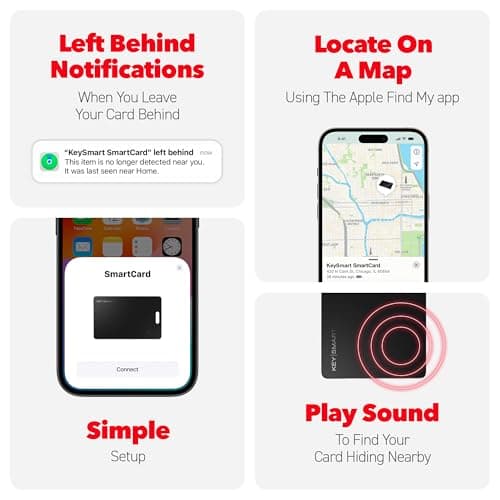 KeySmart MFI-Certified SmartCard Wallet Tracker Card, Compatible with Apple Find My App, Rechargeable Thin GPS Item Finder for Luggage Tag, Smart Bluetooth Tracking with Key Chain Hole Black, 1 Pack 5