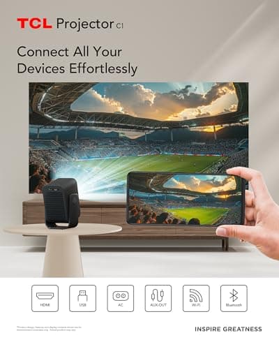 TCL C1 Smart Projector 4K Support, Google TV & Netflix Officially Licensed, WIFI and Bluetooth, Auto Focus Keystone, Native 1080p, Dolby Audio, 285° Portable Mini Projector for Home Theater 5