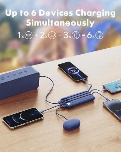 charmast Portable Charger with Built in Cables, Power Bank with Cords Wires, Slim 10000mAh Travel Battery Pack 6 Outputs 3 Inputs 3A Fast Charging for Samsung Google Pixel LG Moto iPhone iPad 3
