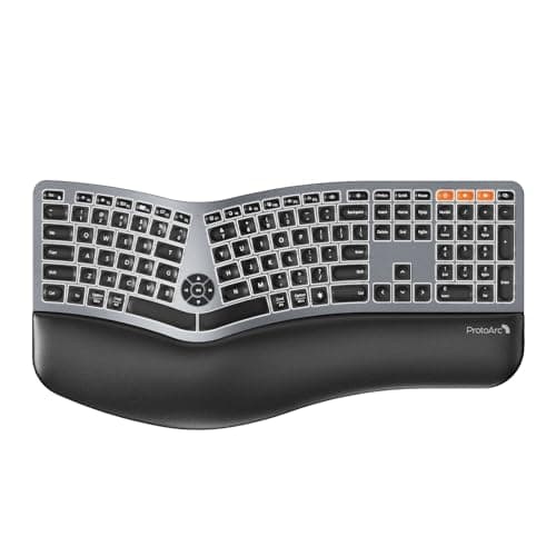 Backlit Bluetooth Ergonomic Keyboard, ProtoArc EK01 Plus Full Size Wireless Split Keyboard with Dual Bluetooth and USB, Cushioned Wrist Rest, Rechargeable for Windows/Mac/Android, Grey Black