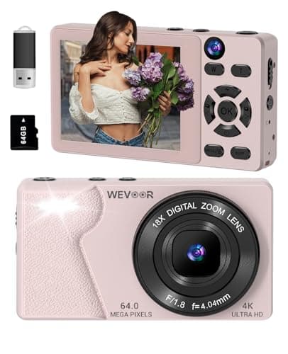 Wevoor 4K Digital Camera for Photography- 64MP Autofocus Vlogging Camera with Dual Lens, 18X Digital Zoom- Small Point and Shoot Camera with Card and 2000mAh for YouTube, Travel, Beginners (Pink)