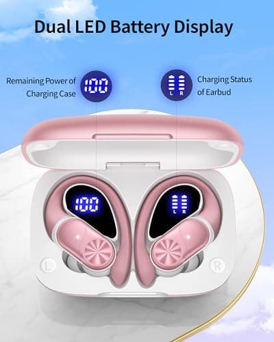 PocBuds Bluetooth Headphones Wireless Earbuds 80hrs Playtime Wireless Charging Case Digital Display Sport Ear Buds with Earhook Deep Bass IPX7 Waterproof Over-Ear Earphones for Phone Laptop Rose Gold 3