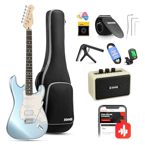 Donner DST-152R Electric Guitar, 39" Beginner Electric Guitar Kit, HSS Pickup with Coil Split, Guitar Starter Set with Amp, Bag, All Accessories, Metallic Ice Blue