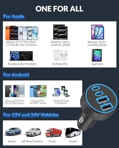[4 in 1] USB C Car Charger, 4-Port 90W Super Fast Charging Cigarette Lighter Adapter, Dual 45W USBC & USB-A Multiport Car Phone Charger Accessories for iPhone 17 16 15 14 13 12, iPad, Galaxy, Tablet 5