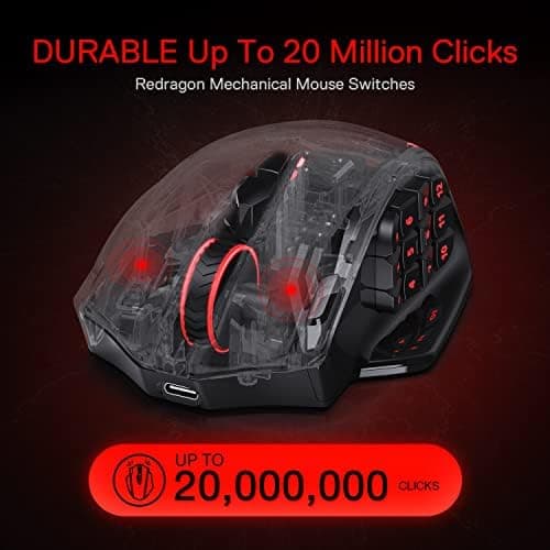 Redragon M913 Impact Elite Wireless Gaming Mouse, 16000 DPI Wired/Wireless RGB Mouse with 16 Programmable Buttons, 45 Hr Battery and Pro Optical Sensor, 12 Side Buttons MMO Mouse 2