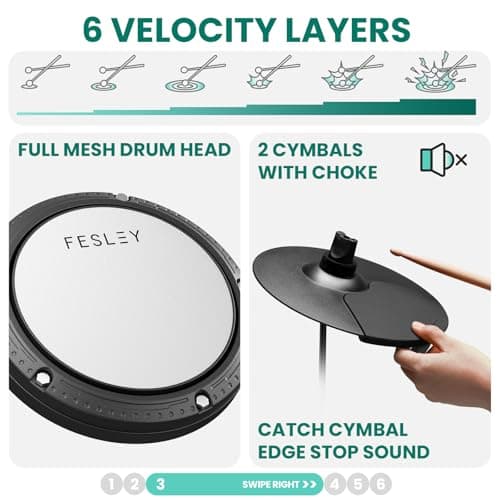 Fesley FED150W Electric Drum Set: Dual Zone Snare Drum,2 Cymbals w/Choke, 200 Sounds, 4 Quiet Mesh Drum Pads, Portable Electronic Drum Kit for Beginner, Bluetooth, MIDI, Throne, Headphone, Sticks 4