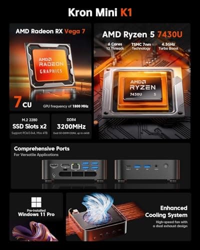 ACEMAGICIAN Kron Mini K1 Mini PC Gaming, AMD Ryzen 5 7430U (equiv to 5850U, 6C/12T, Up to 4.3Ghz), 16GB DDR4 512GB SSD Mini PC Computers Micro Desktop PC 4K Triple Display WiFi6 BT5.2 2