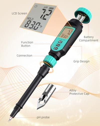 Tadeto Soil pH Tester, High Accuracy Digital pH Meter for Soil, Garden, Water, Plants, Solution and Food, Soil pH Test Kit with Thermometer LCD Display, Calibration Powder and Alloy Protective Cap 3