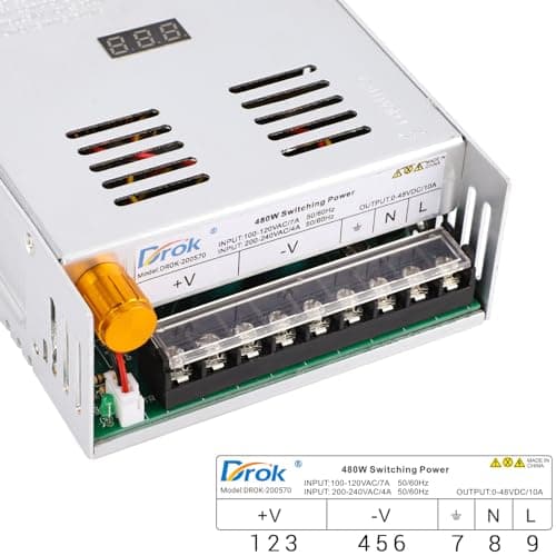 DROK 48V Power Supply, AC 110V/220V to DC 0-48V 10A 480W Buck Converter, Adjustable Variable LED Adapter Regulated 5V 12V 24V 30V 36V 48V Volt Voltage Transformer 10A Amp Charger for Lab CCTV 3