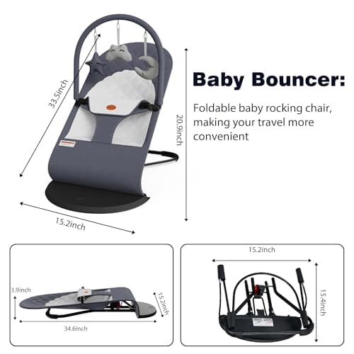 Portable Baby Bouncer Seat for Infants, 0-18 Months, 3 Modes of Use with Rocker & Stationary Options, Ergonomic Infant Chair with Hanging Toys – Grey 2