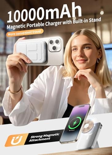 Gxorul Magnetic Portable Charger, 10000mAh Power Bank with Leather Foldable Stand - Travel Essentials, USB-C 20W Fast Charging for Magsafe Battery Pack, Compatible with iPhone 17/16/15/14/13 Series 2