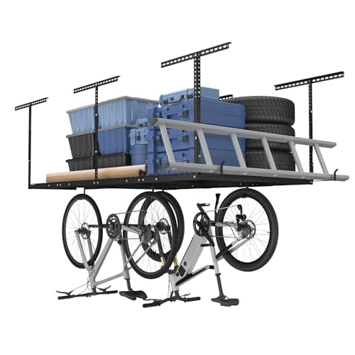 FLEXIMOUNTS 4x8 Overhead Garage Storage Rack w/Hooks Adjustable Ceiling Storage Rack, 96" Length x 48" Width x 40" Height, 22''-40" Ceiling Dropdown, Black, Classic Series