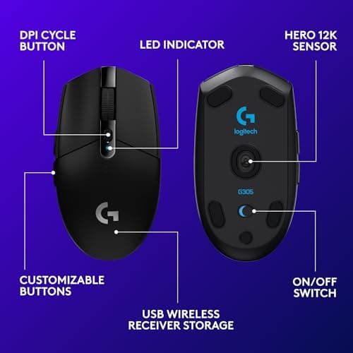 Logitech G305 LIGHTSPEED Wireless Gaming Mouse, Hero 12K Sensor, 12,000 DPI, Lightweight, 6 Programmable Buttons, 250h Battery Life, On-Board Memory, PC/Mac - Black 3