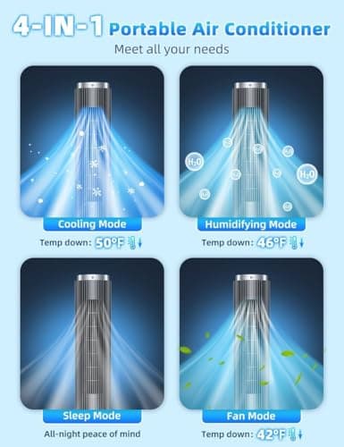 COOLECH 42 INCH Windowless Portable Air Conditioners w/4 Modes & 3 Speeds, 1-Gal Tank for 15H Cooling, 12H Timer, Swamp Cooler Air Conditioner No Window Needed, 90° Oscillating AC Unit for Bedroom 3