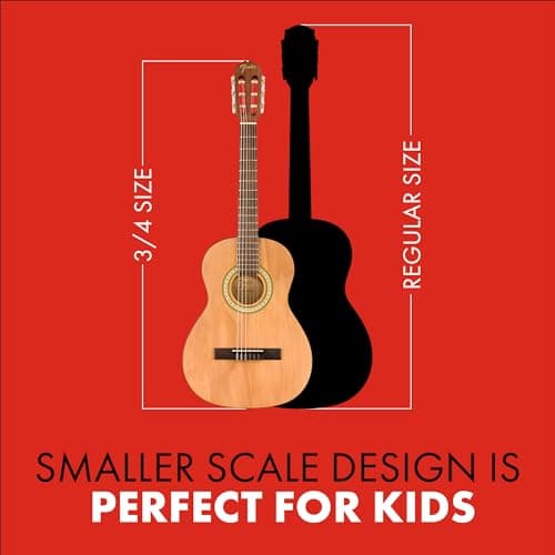 Fender FA-25N 3/4 Size Nylon String Acoustic Guitar, Beginner Guitar, with 2-Year Warranty, Perfect Beginner Guitar for Kids that is Easy on Fingers, Includes 3 Months of Free Lessons, Natural 2