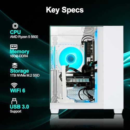 WIWB Gaming PC Desktop Computer - Ryzen 5 5600, Radeon RX 6500XT 4GB, 16GB DDR4 RAM, 1TB NVME SSD, Prebuilt Tower Computer (White) 2