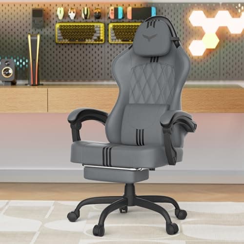 Soontrans PU Leather Gaming Chair with Pocket Spring Cushion, Wide 20" Seat, Ergonomic Computer Chair with Adjustable Headrest, Lumbar Pillow, Footrest & Reclining Backrest, Desk Chair for Adults