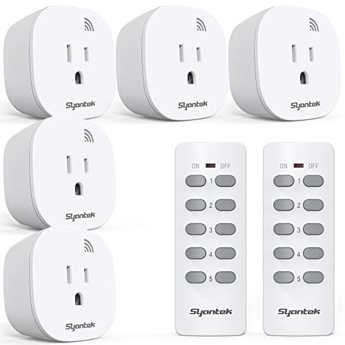 Syantek Remote Control Outlet Wireless Light Switch for Household Appliances, Expandable Remote Light Switch Kit, Up to 100 ft Range, FCC Certified, ETL Listed, White (5 Outlets + 2 Remotes)
