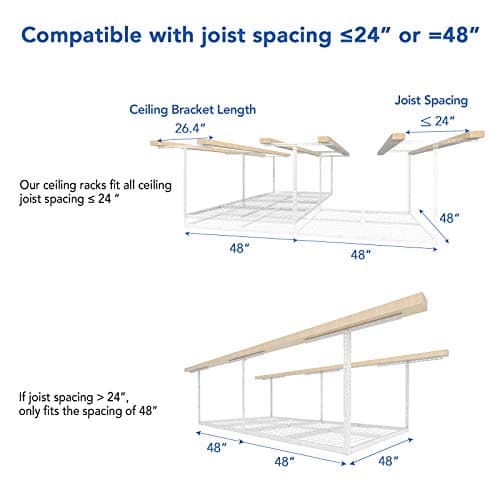 FLEXIMOUNTS 4x8 Overhead Garage Storage Rack, Adjustable Organization System, Heavy-Duty Metal Ceiling Racks, 750lbs Weight Capacity, White, Classic Series 3