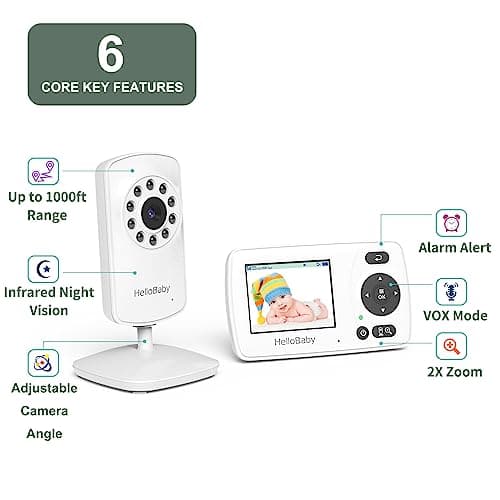 Hellobaby HB30 Video Baby Monitor with Digital Camera and Audio, No WiFi No App Safety Baby Monitor, 8 Languages, Auto Night Vision, 1000ft Transmission Range, 2.4 inch Portable Screen, White 2