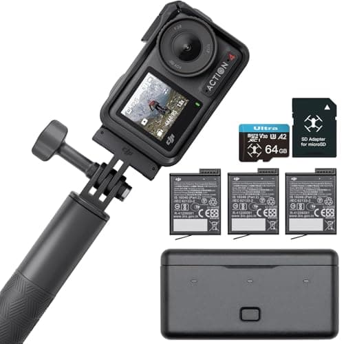 DJI Osmo Action 4 Adventure Combo, with 64GB Card, Action Camera 4K with 1/1.3" Sensor, 12h Extended Battery Life with 3 Batteries, Dual OLED Touchscreens, Mini Action Camera for Travel, Vlog