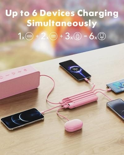 charmast Portable Charger with Built in Cables, Power Bank with Cords Wires, Slim 10000mAh Travel Battery Pack 6 Outputs 3 Inputs 3A Fast Charging for Samsung Google Pixel LG Moto iPhone iPad 3