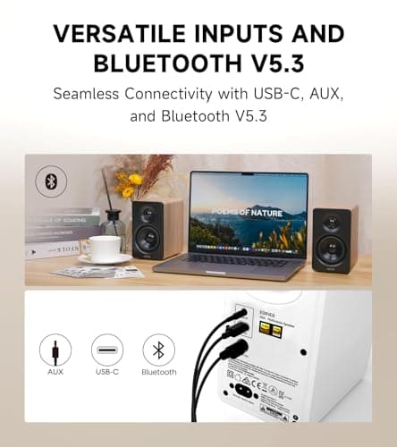 Edifier M60 Multimedia Speaker Bluetooth 5.3, 66W RMS, Hi-Res Audio & Hi-Res Wireless Audio, LDAC,3" Mid Bass & 1" Tweeter, USB-C & Aux Inputs, Compact Desktop Speaker – Classic Oak 5