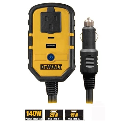 DEWALT DXAEPI140 Power Inverter 140W Car Converter: 12V DC to 120V AC Power Outlet with 25W USB Type C and 15W USB Type A Ports 3